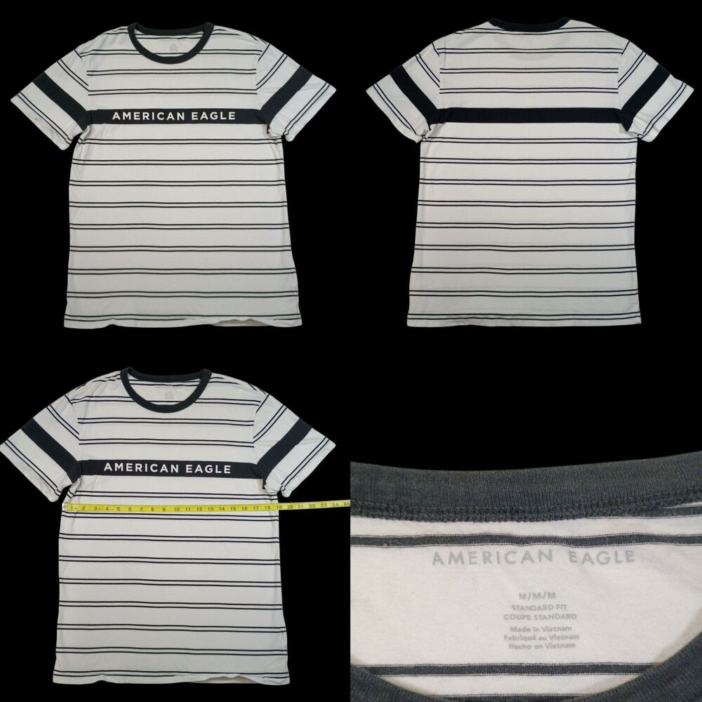 American Eagle Shirt Mens Med Standard Fit White, Black Stripe Spell-Out
